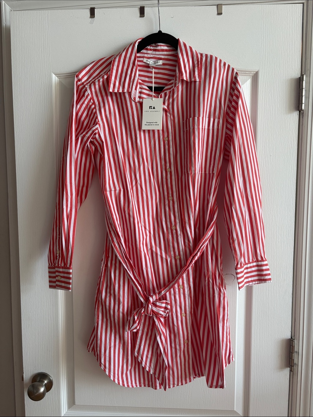 Red & White Striped Tie-Waist Shirt Dress